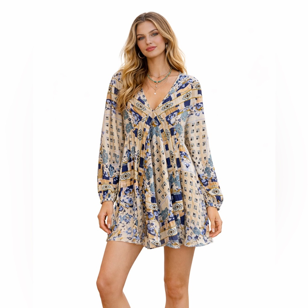 Free People Chiffon Floral Mini Dress Boho Tunic Long Sleeve $148